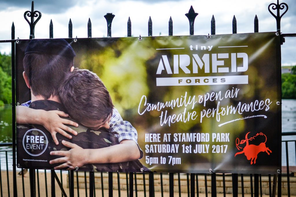 Image of a vinyl banner designed and printed for armed forces day community theatre performance